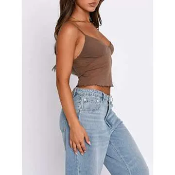 Women Y2k Backless Crop Top Spaghetti Strap Cami Tank Sexy Sheer See Through Sleeveless Lace Going Out Camisole Brown