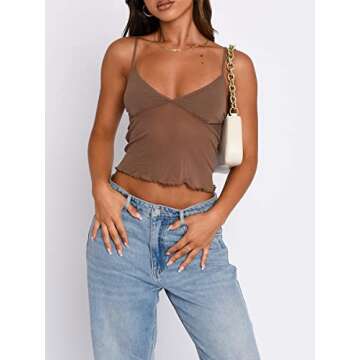 Women Y2k Backless Crop Top Spaghetti Strap Cami Tank Sexy Sheer See Through Sleeveless Lace Going Out Camisole Brown