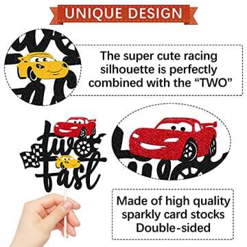 Two Fast Cake Topper Race Car 2nd Cake Decoration for Racing Car Checkered Flag Themed Kids Boy Girl...