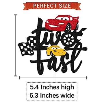 Two Fast Cake Topper Race Car 2nd Cake Decoration for Racing Car Checkered Flag Themed Kids Boy Girl 2 Years Old Happy 2s Birthday Party Supplies Double Sided
