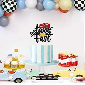 Two Fast Cake Topper Race Car 2nd Cake Decoration for Racing Car Checkered Flag Themed Kids Boy Girl 2 Years Old Happy 2s Birthday Party Supplies Double Sided