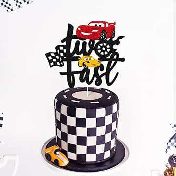 Two Fast Cake Topper Race Car 2nd Cake Decoration for Racing Car Checkered Flag Themed Kids Boy Girl 2 Years Old Happy 2s Birthday Party Supplies Double Sided
