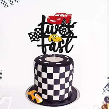 Two Fast Cake Topper Race Car 2nd Cake Decoration for Racing Car Checkered Flag Themed Kids Boy Girl 2 Years Old Happy 2s Birthday Party Supplies Double Sided