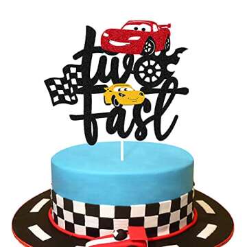 Two Fast Cake Topper Race Car 2nd Cake Decoration for Racing Car Checkered Flag Themed Kids Boy Girl 2 Years Old Happy 2s Birthday Party Supplies Double Sided