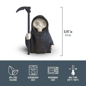 Genuine Fred, GRIM STEEPER, Grim Reaper Reusable Silicone Tea Infuser, Black, Fun Gift for Tea Lovers, Clever Kitchen Gadget