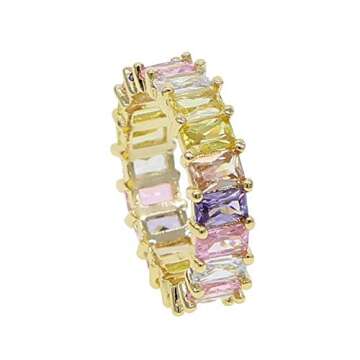 ATJMLADYJEWELRY US Size 5 6 7 8 9 Rainbow Pastel Pinky White Baguette Cz Eternity Band Stacking Engagement Ring for Women