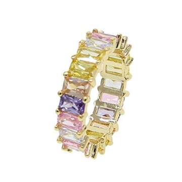 ATJMLADYJEWELRY US Size 5 6 7 8 9 Rainbow Pastel Pinky White Baguette Cz Eternity Band Stacking Engagement Ring for Women