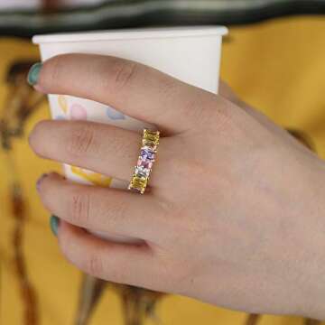 ATJMLADYJEWELRY US Size 5 6 7 8 9 Rainbow Pastel Pinky White Baguette Cz Eternity Band Stacking Engagement Ring for Women