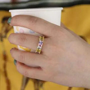 ATJMLADYJEWELRY US Size 5 6 7 8 9 Rainbow Pastel Pinky White Baguette Cz Eternity Band Stacking Engagement Ring for Women