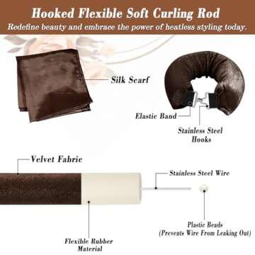 Heatless Hair Curler Overnight Rods Blowout Jumbo, Heatless Curls No Heat Curlers to Sleep in Large Rods Hair Rollers Blowout No Heat Overnight Sleeping Curls Styling Tools - Brown