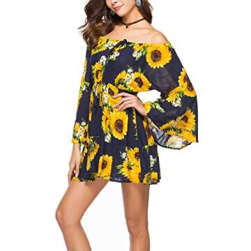 TIMEE Womens Off Shoulder Mini Dress Bell Sleeves Boho Floral Print Romper Jumpsuit Short Sundress