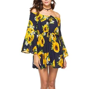 TIMEE Womens Off Shoulder Mini Dress Bell Sleeves Boho Floral Print Romper Jumpsuit Short Sundress