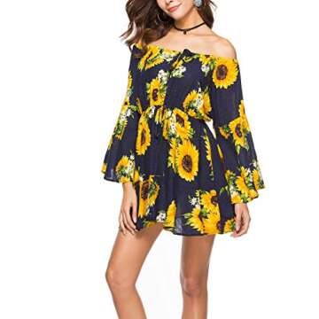 TIMEE Womens Off Shoulder Mini Dress Bell Sleeves Boho Floral Print Romper Jumpsuit Short Sundress