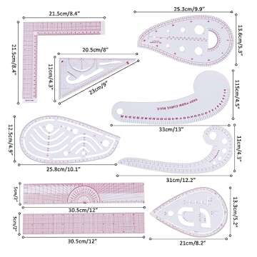 HLZC Fashion Clear Metric Sewing Ruler Set, French Curve Pattern Ruler Kit for Beginners Tailors Designers (A-9-Piece Set)