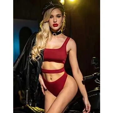 ADOME Snap Closure Bodysuit Slim Fit Tank Top Sexy One Piece Leotard Square Neck Tights Wine Red L