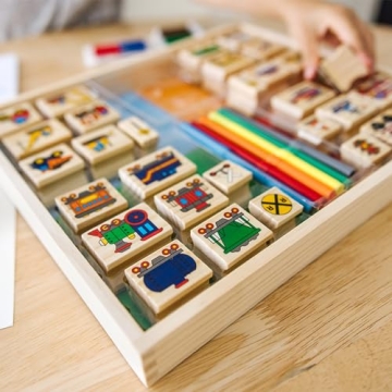 Melissa & Doug Deluxe Wooden Stamp Set for Kids - Vehicles