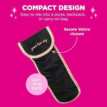 Miamica “Good Hair Day” Heat-Resistant Hair Tool Bag with Secure Closure, Black/Rose Gold, 5.5” x 13” x .5” – Store Flat Iron, Curling Iron, & More When Traveling