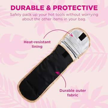 Miamica “Good Hair Day” Heat-Resistant Hair Tool Bag with Secure Closure, Black/Rose Gold, 5.5” x 13” x .5” – Store Flat Iron, Curling Iron, & More When Traveling