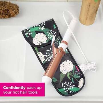 Miamica “Good Hair Day” Heat-Resistant Hair Tool Bag with Secure Closure, Black/Rose Gold, 5.5” x 13” x .5” – Store Flat Iron, Curling Iron, & More When Traveling