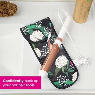 Miamica “Good Hair Day” Heat-Resistant Hair Tool Bag with Secure Closure, Black/Rose Gold, 5.5” x 13” x .5” – Store Flat Iron, Curling Iron, & More When Traveling