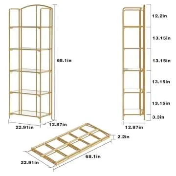 Crofy No Assembly Folding Bookshelf for Living Room, 5 Tier Gold Collapsible Book Shelf for Home Office, Portable Bookcase Storage Organizer