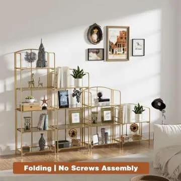 Crofy No Assembly Folding Bookshelf for Living Room, 5 Tier Gold Collapsible Book Shelf for Home Office, Portable Bookcase Storage Organizer