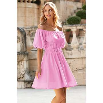 PRETTYGARDEN Women's Off The Shoulder Babydoll Dress Short Puff Sleeve Casual A Line Ruffle Summer Dresses (Solid Pink,Medium)