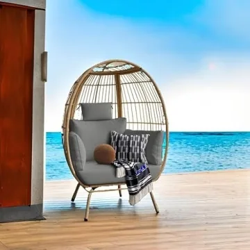 YITAHOME Grey Egg Chair Oversized Wicker Lounger Indoor Outdoor