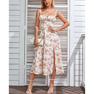 Floral Midi Corset Dress Boho Flowy Slit Lace Up Dresses for Women Going Out A Line Casual Sundress Rose