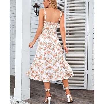 Floral Midi Corset Dress Boho Flowy Slit Lace Up Dresses for Women Going Out A Line Casual Sundress Rose