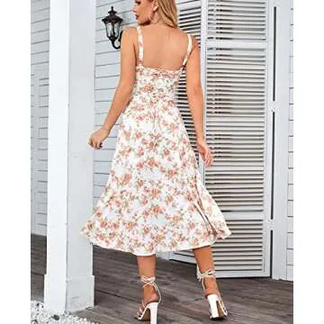 Floral Midi Corset Dress Boho Flowy Slit Lace Up Dresses for Women Going Out A Line Casual Sundress Rose