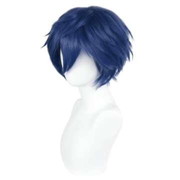 Anogol Hair Cap+ Short Blue Wig Men Dark Blue Cosplay Wig Women Short Wavy Wig Synthetic Hair Wig fo...