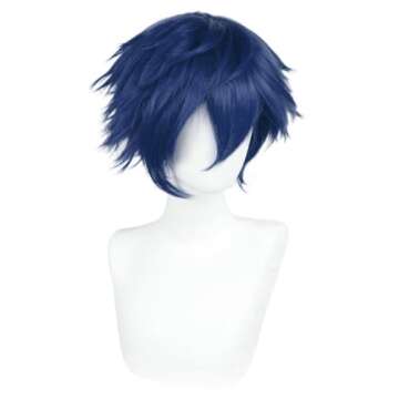 Anogol Hair Cap+ Short Blue Wig Men Dark Blue Cosplay Wig Women Short Wavy Wig Synthetic Hair Wig for Girls Boys Anime Cartoon Costume Party Wig For Halloween Wig For Christmas Wig