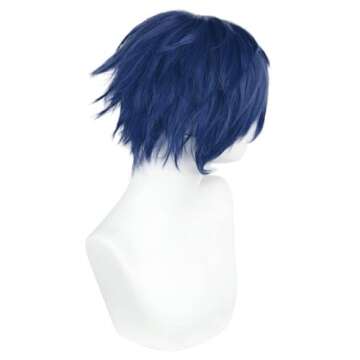 Anogol Hair Cap+ Short Blue Wig Men Dark Blue Cosplay Wig Women Short Wavy Wig Synthetic Hair Wig for Girls Boys Anime Cartoon Costume Party Wig For Halloween Wig For Christmas Wig