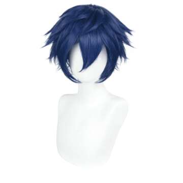 Anogol Hair Cap+ Short Blue Wig Men Dark Blue Cosplay Wig Women Short Wavy Wig Synthetic Hair Wig for Girls Boys Anime Cartoon Costume Party Wig For Halloween Wig For Christmas Wig