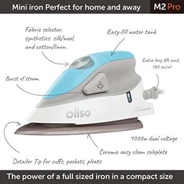 Oliso M2 Mini Project Steam Iron with Solemate - Perfect for Travel, Sewing, Quilting