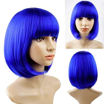 YOUNIGA Blue Bob Wig With Bangs 12 Inch Royal Blue Wig Short Synthetic Fiber Bob Wigs for Women Short Bob Wigs and Halloween Cosplay Bob Wig for Girl Colorful Costume Wigs With One Cap (Blue)