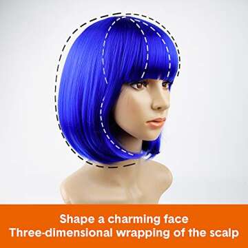 YOUNIGA Blue Bob Wig With Bangs 12 Inch Royal Blue Wig Short Synthetic Fiber Bob Wigs for Women Short Bob Wigs and Halloween Cosplay Bob Wig for Girl Colorful Costume Wigs With One Cap (Blue)