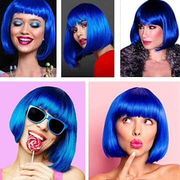 YOUNIGA Blue Bob Wig With Bangs 12 Inch Royal Blue Wig Short Synthetic Fiber Bob Wigs for Women Short Bob Wigs and Halloween Cosplay Bob Wig for Girl Colorful Costume Wigs With One Cap (Blue)