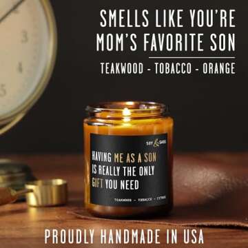 Elegant Mother's Day Gift - 'Having me as a Son' Soy Candle with Mahogany Teakwood