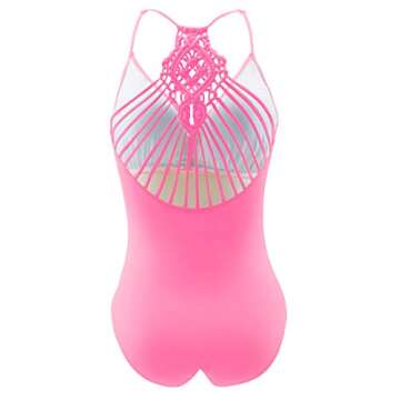Eomenie Ruched Tummy Control Monokini Swimsuits Plus Size One Piece Bating Suits Macrame Swimwear for Women Pink