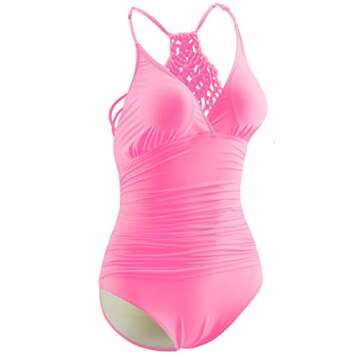 Eomenie Ruched Tummy Control Monokini Swimsuits Plus Size One Piece Bating Suits Macrame Swimwear for Women Pink