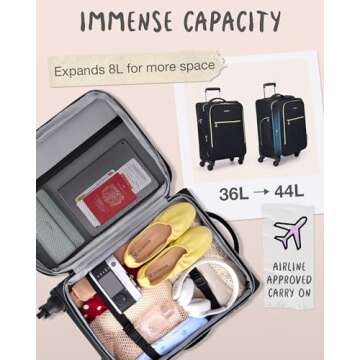 BAGSMART Carry On Luggage 20 Inch,Softside Expandable Suitcase with Spinner Wheels, Luggage 22x14x9 Airline Approved Rolling Lightweight Suitcases for Women Men, Compact Carry-On (Black)