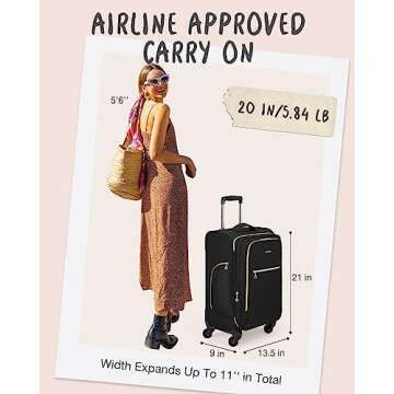 BAGSMART Carry On Luggage 20 Inch,Softside Expandable Suitcase with Spinner Wheels, Luggage 22x14x9 Airline Approved Rolling Lightweight Suitcases for Women Men, Compact Carry-On (Black)