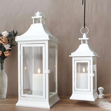 JHY DESIGN Set of 2 19.5''&13''Tall Outdoor Candle Lanterns Vintage Hanging Tower Lantern Metal Cand...