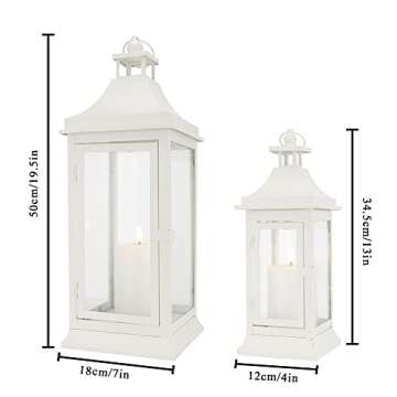 JHY DESIGN Set of 2 19.5''&13''Tall Outdoor Candle Lanterns Vintage Hanging Tower Lantern Metal Candle Holder for Garden Living Room Indoor Outdoor Parties Weddings Balcony(White)