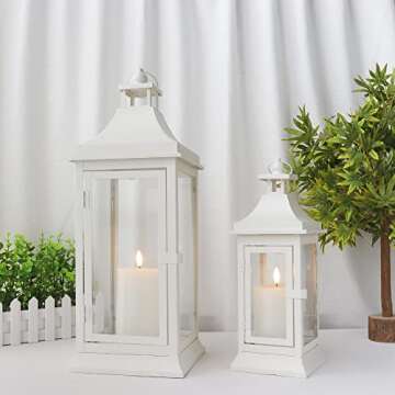 JHY DESIGN Set of 2 19.5''&13''Tall Outdoor Candle Lanterns Vintage Hanging Tower Lantern Metal Candle Holder for Garden Living Room Indoor Outdoor Parties Weddings Balcony(White)