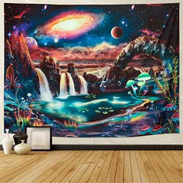 Blacklight Galaxy Tapestry UV Reactive Waterfall Planet Landscape Tapestry Fantasy Mountain Wave Wall Tapestry Mysterious Neon Nebula Plants Wall Hanging for Room