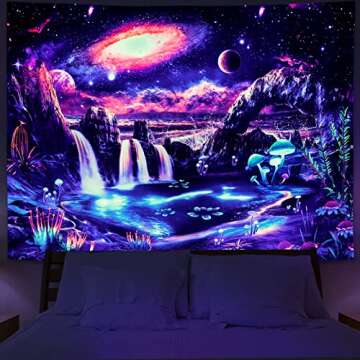 Blacklight Galaxy Tapestry UV Reactive Waterfall Planet Landscape Tapestry Fantasy Mountain Wave Wall Tapestry Mysterious Neon Nebula Plants Wall Hanging for Room