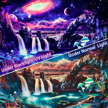 Blacklight Galaxy Tapestry UV Reactive Waterfall Planet Landscape Tapestry Fantasy Mountain Wave Wall Tapestry Mysterious Neon Nebula Plants Wall Hanging for Room